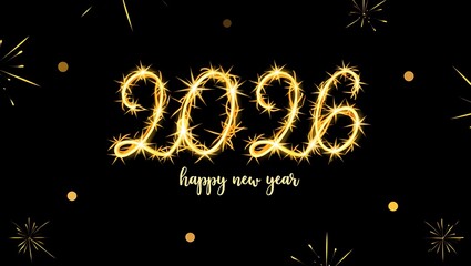 Golden 2026 text with 'happy new year' and sparkling fireworks on a black background.
