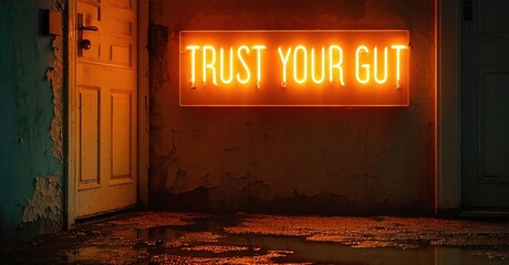 Fototapeta premium Dim hallway features neon sign reading trust your gut. Wet floor reflects light, creating dramatic mood. Walls show wear.