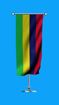 Realistic Standing Vertical  Wavy Flag Banner of MAURITIUS on Metallic Pole with Loop Animation