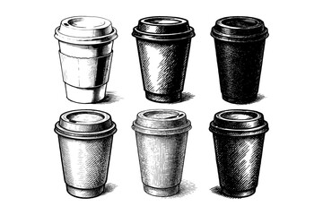 Six detailed sketch-style takeaway coffee cups drawn in black ink on white background, representing vintage coffee and cafe concepts