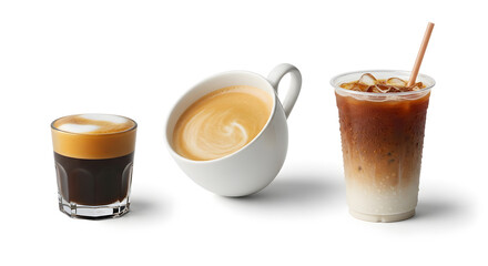 Variety of Coffee Drinks: Espresso, Cappuccino, and Iced Latte