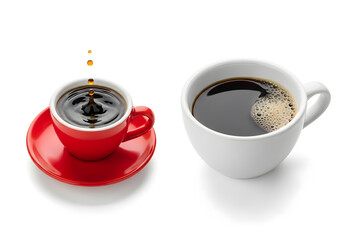 Fresh Black Coffee in Red and White Ceramic Mugs