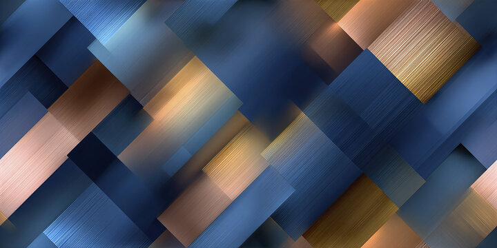 Abstract geometric pattern with overlapping rectangles in blue, gold, and copper tones creating modern metallic texture and stylish background with blurred effect