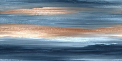 Abstract digital painting with horizontal brush strokes in blue and rose gold tones, creating calming and elegant atmosphere with smooth texture and soft blending