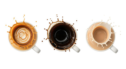 Overhead Coffee Splash Trio Isolated Latte Black Coffee and Milk Splashing in White Cups