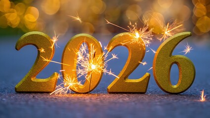 Golden numbers 2026 with sparklers and bokeh lights for New Year celebration