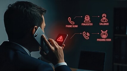 Businessman using smartphone, receiving warning about phone scam, with visual elements illustrating fraud concepts and phishing hooks, highlighting cybercrime awareness and prevention strategies