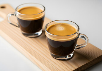  Fresh Espresso Duo on Wood Double Glass Cup Coffee with Crema