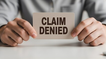 A close-up view of a document held by unseen hands, clearly displaying the phrase 'CLAIM DENIED', emphasizing financial or service refusal