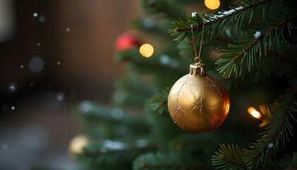 Christmas Background With Vintage Golden Ornament Hanging On Fir Branches