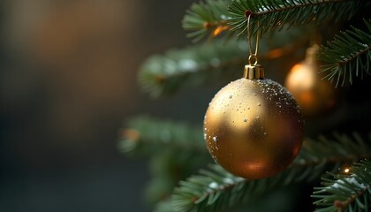 Christmas Background With Vintage Golden Ornament Hanging On Fir Branches