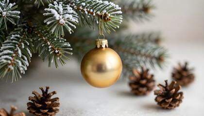 Christmas Background With Vintage Golden Ornament Hanging On Fir Branches