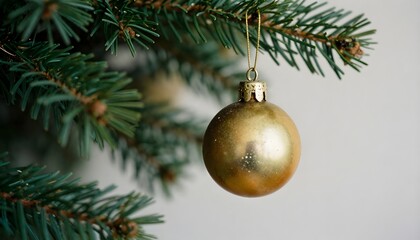 Christmas Background With Vintage Golden Ornament Hanging On Fir Branches