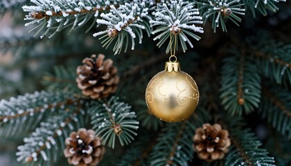 Christmas Background With Vintage Golden Ornament Hanging On Fir Branches