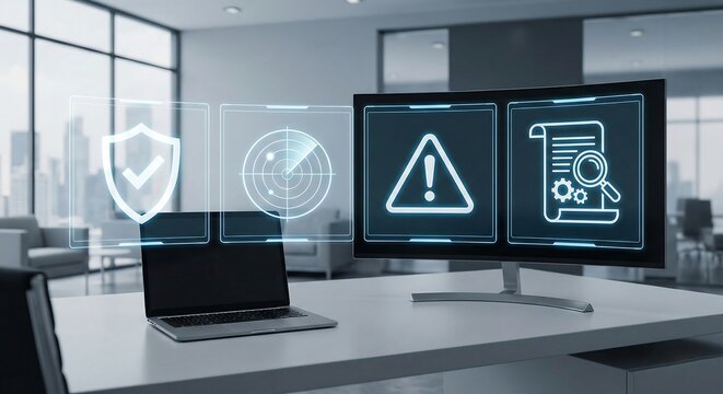 Modern office workspace with dual monitors and cybersecurity icons