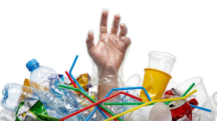 Pollution concept with hand emerging from pile of plastic waste on white or transparent background.