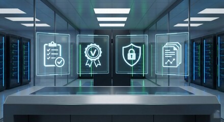 Secure data center with glowing security icons on glass wall