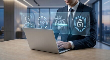 Businessman using laptop with security icons for authentication and protection