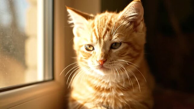 Close-up portrait of an orange tabby cat sitting by a window with natural light, looking directly at the camera with a calm mood.