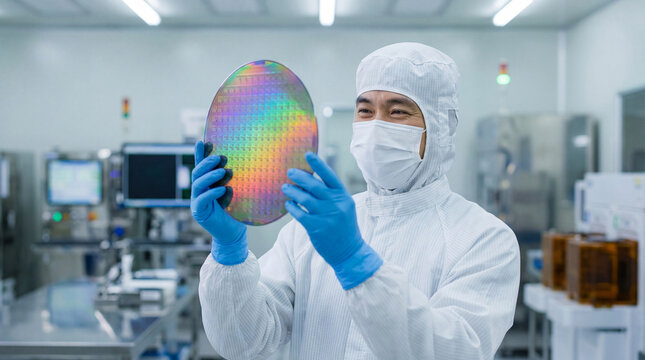 Semiconductor wafer manufacturing cleanroom technology microchip production process for electronics industry computer hardware integrated circuit fabrication quality control inspection 