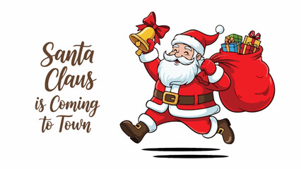 Merry Christmas! Santa Claus Illustration with Gift Bag and Bell, Festive Holiday Season Design