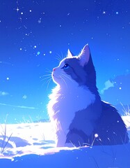 月明かりに照らされた雪原。青い夜空の下、猫の瞳が星のように輝いている