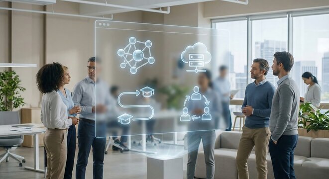 Business professionals discussing innovative technology solutions in modern office - Powered by Adobe