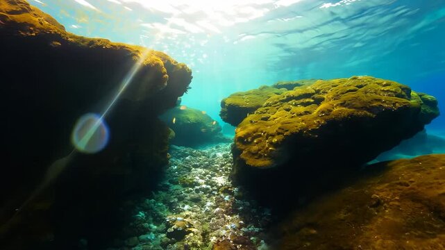 The underwater scene reveals rocky formations covered with vibrant algae and coral, illuminated by beams of sunlight. These formations and coral create a captivating marine environment filled with