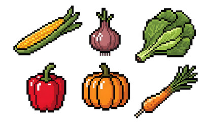 Pixel Art Vegetables Set. Retro 8-bit Style Food Icons. Digital illustration of fresh produce.