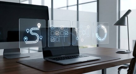 Modern office workspace with laptop and data visualization icons