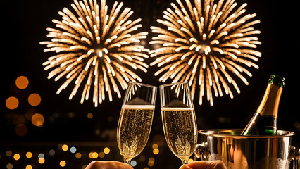 a stunning display of golden fireworks illuminates the night sky paired with celebratory champagne glasses and a bucket high quality professional detailed modern elegant stylish clean