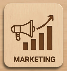 Marketing Growth Concept Icon Engraved on Wooden Tile with Megaphone and Rising Bar Chart - Business Promotion and Success Illustration
