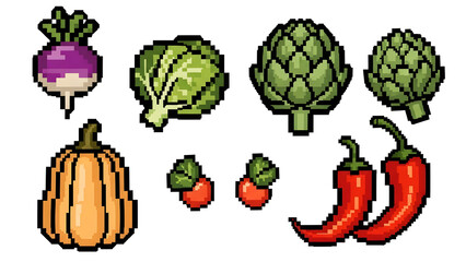 Pixel Art Vegetables & Fruits Set for Retro Gaming, Digital Design, and Healthy Food Concepts