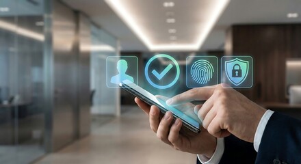 Businessman using secure authentication on smartphone in modern office