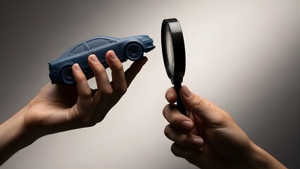 Expert Automotive Inspection Hands Scrutinizing a Blue Car Model with a Magnifying Glass for Quality Control and Detailed Analysis