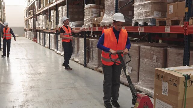Warehouse worker pulling a pallet jack with colleagues in the background