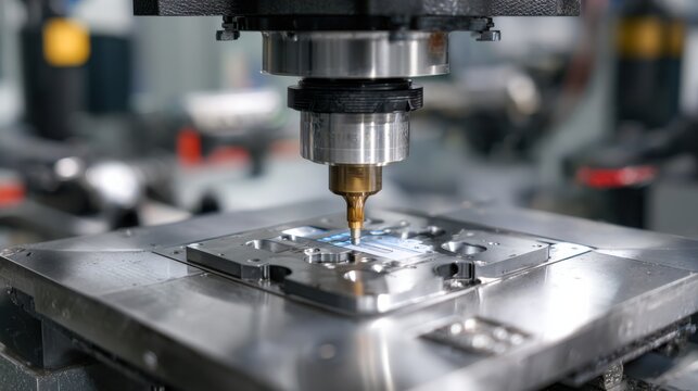 Industrial metal stamping setup capturing the precise cutting and engraving of metal parts for custom designs illustrating hightech manufacturing techniques.