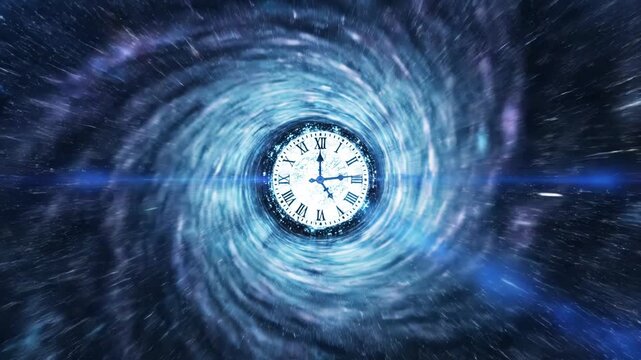 Time travel concept with clock in a swirling tunnel effect