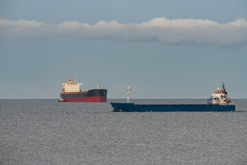 Two industrial cargo ships sailing through the calm waters of the Baltic Sea near the Estonian coastline under cloudy skies.