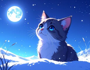 月明かりに照らされた雪原。青い夜空の下、猫の瞳が星のように輝いている