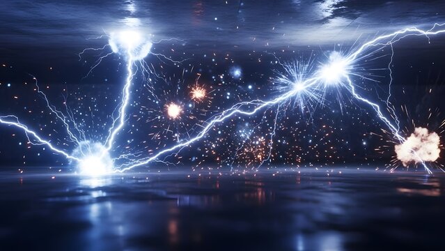 Electric sparks and lightning strikes on a dark surface. Energy power and electrical discharge. High voltage electricity flashing with glowing particles in a laboratory setting