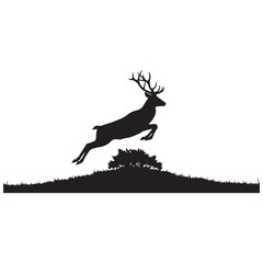 Deer jumping over bush in grassy field silhouette