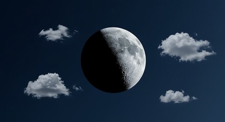 Obraz premium 夜空に浮かぶ、半月と雲