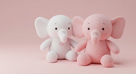 桃色のぬいぐるみゾウと白いぬいぐるみゾウ