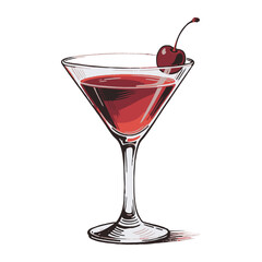 Elegant cocktail glass filled with red drink and cherry garnish, hand-drawn artistic style on clean white background, concept of celebration