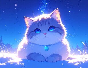 月明かりに照らされた雪原。青い夜空の下、猫の瞳が星のように輝いている