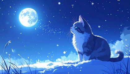 月明かりに照らされた雪原。青い夜空の下、猫の瞳が星のように輝いている