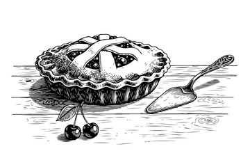 Detailed cherry pie with lattice crust, engraving style, on wooden table background. Concept of homemade dessert and vintage baking scene