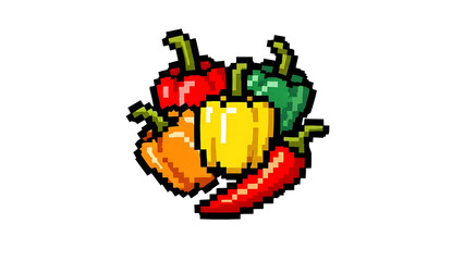 Colorful Pixel Art Peppers. Retro 8-bit Style Bell Peppers and Chili Pepper Illustration for Game, UI, or Digital Design