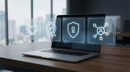 Laptop with security icons on screen in modern office setting
